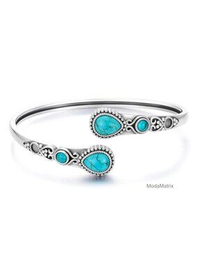 Natural Turquoise Bangle Bracelet 925 Sterling Silver Adjustable Open Cuff